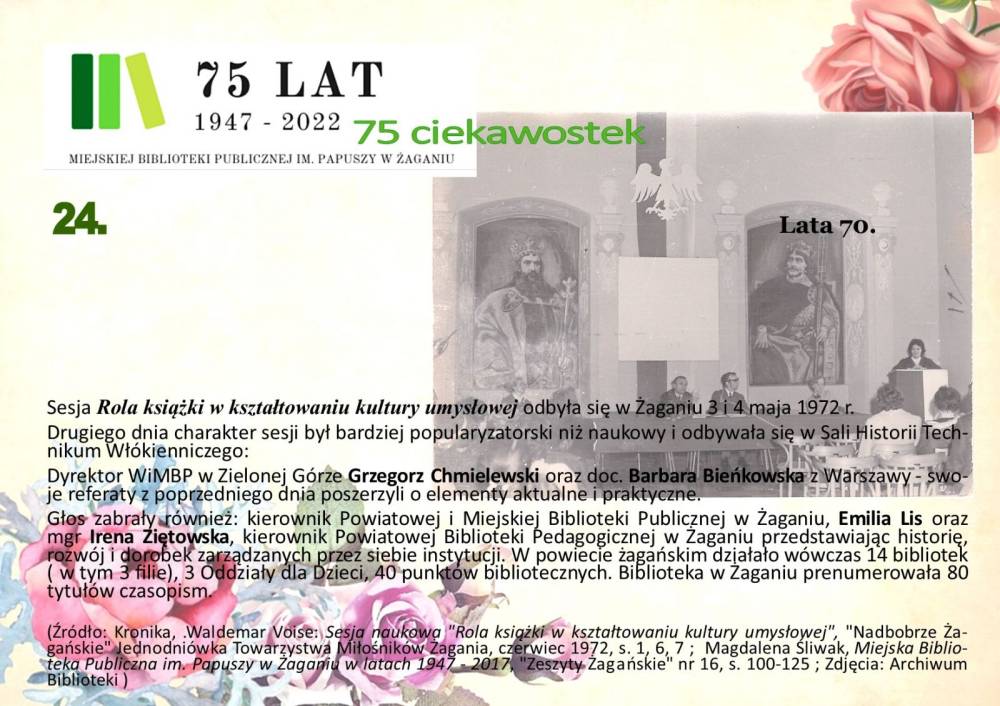 Ciąg dalszy historii Biblioteki w latach siedemdziesiątych. W tle zdjęcie z sesji w Zespole Szkół Tekstylno-Handlowych.