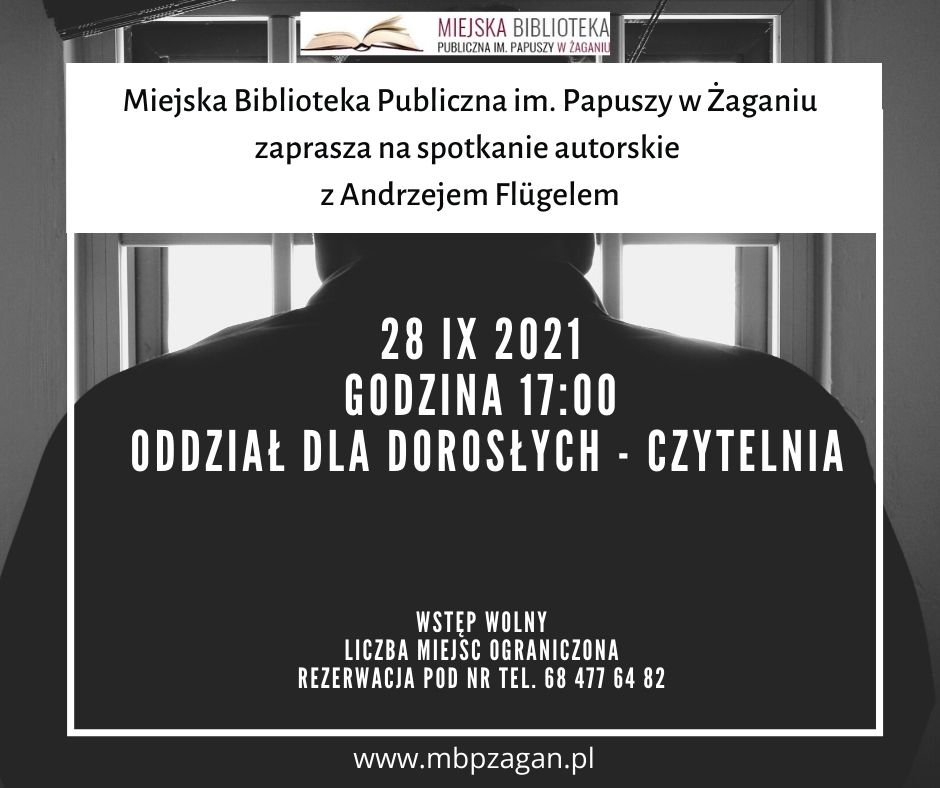 Czarno biały plakat zaproszenie na spotkanie autorskie z Andrzejem Flugelem.