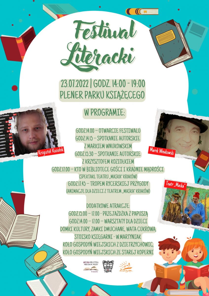 Kolorowy plakat z programem zapraszający do udziału w Festiwalu Literackim