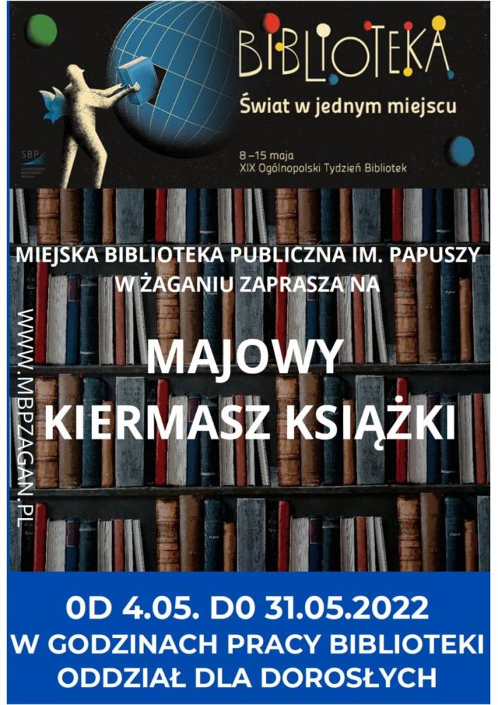 Plakat informujący o Tygodniu Bibliotek i Kiermaszu Książki.