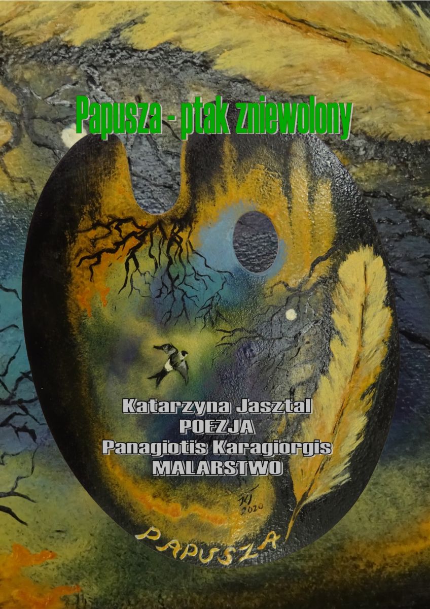 Kolorowa strona tytułowa publikacji z obrazem Karagiorgisa oraz tytułem i nazwiskami poetki i malarza.